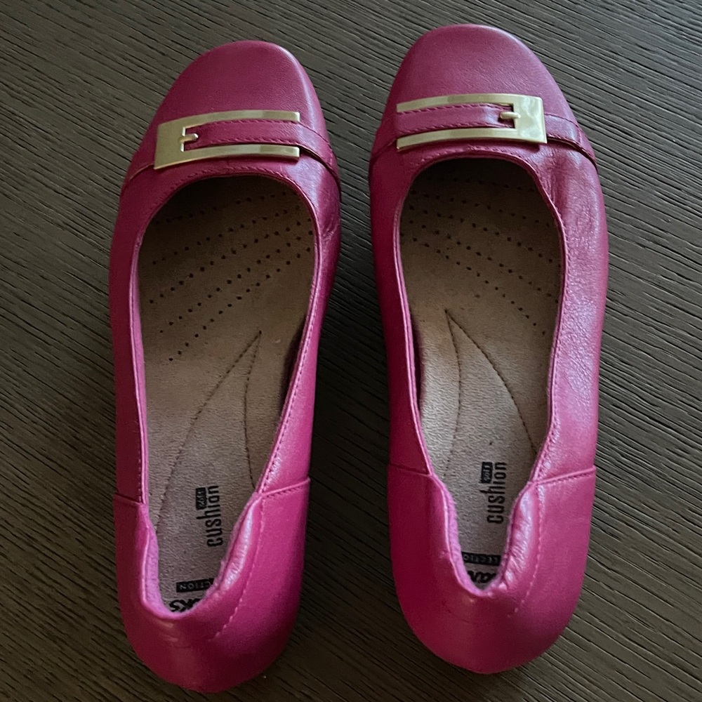 Clarks Pink Leather Loafers with Gold Buckle